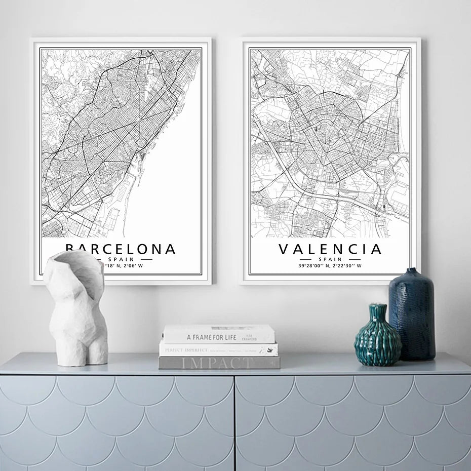 Minimalist Black & White Spain City Map Canvas