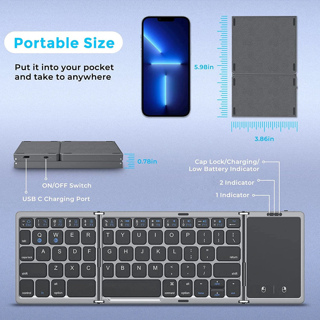 Mini teclado sem fios dobrável em 3 partes com touchpad para Windows, Android, iOS e iPad.