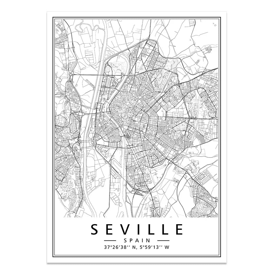 Minimalist Black & White Spain City Map Canvas