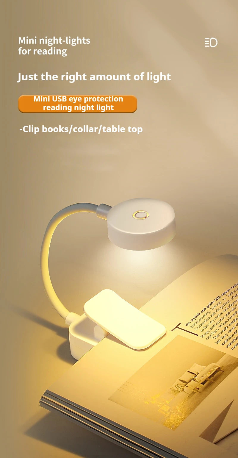 Mini candeeiro de leitura LED portátil com clipe, 3 modos de iluminação, proteção ocular, alimentada por bateria, intensidade regulável continuamente, ideal para cabeceira ou estudo.