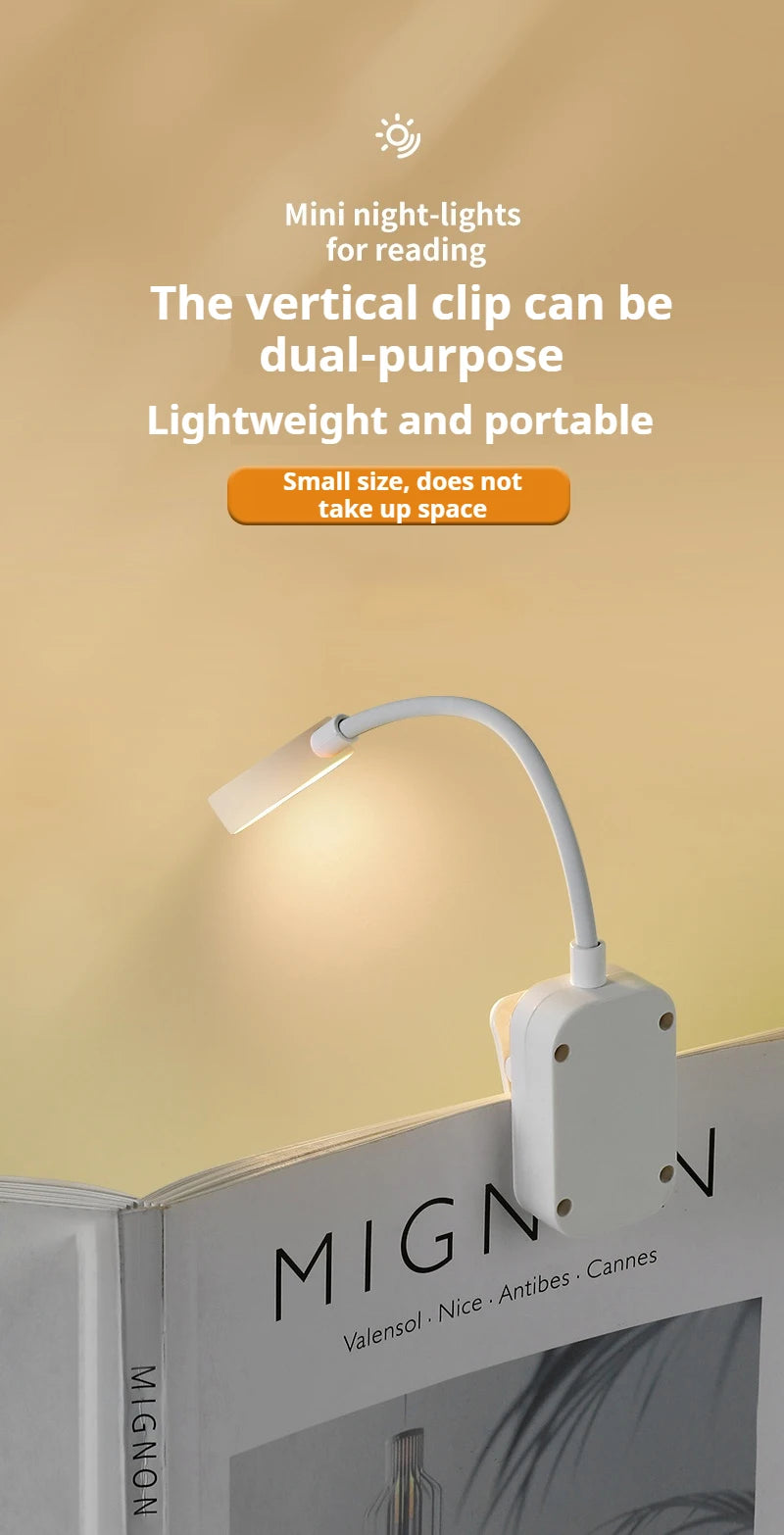Mini candeeiro de leitura LED portátil com clipe, 3 modos de iluminação, proteção ocular, alimentada por bateria, intensidade regulável continuamente, ideal para cabeceira ou estudo.
