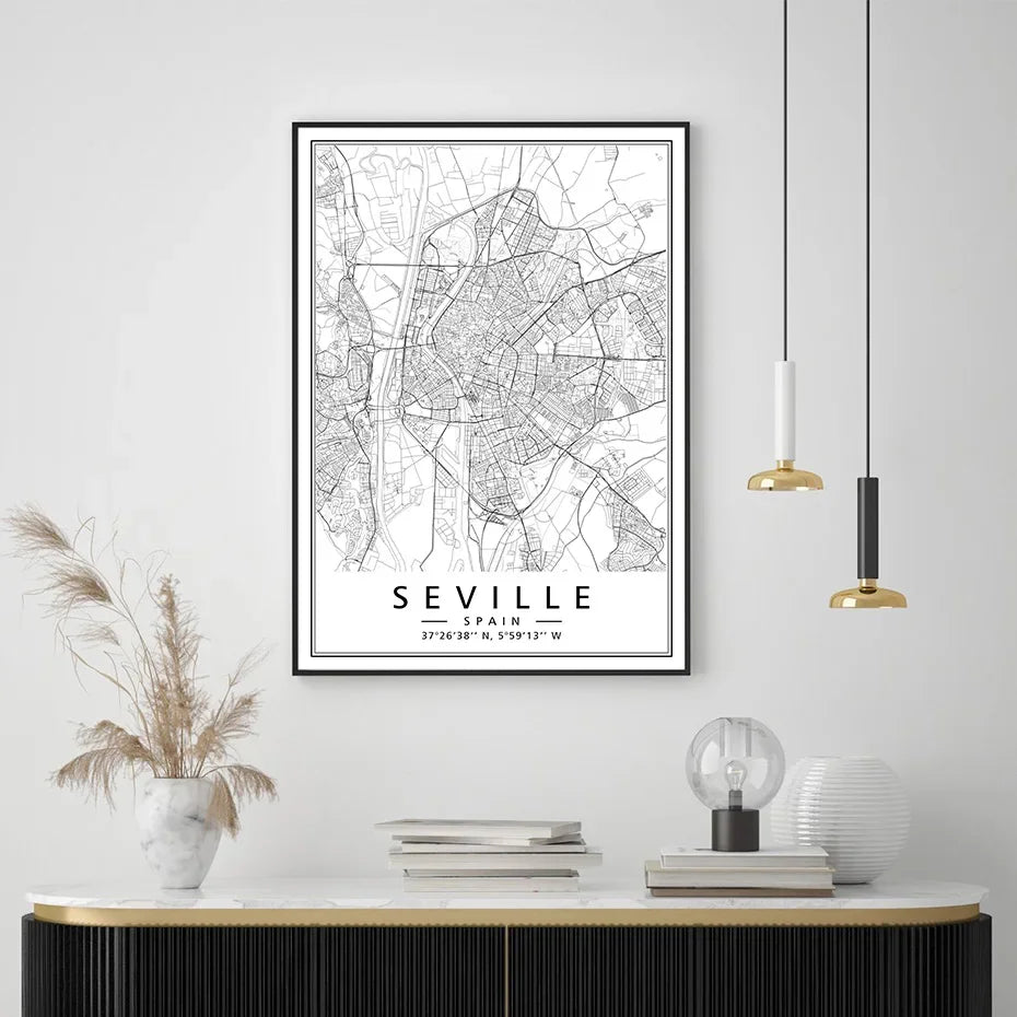 Minimalist Black & White Spain City Map Canvas