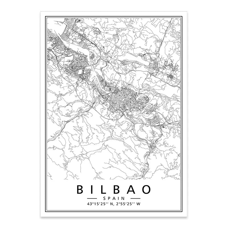 Minimalist Black & White Spain City Map Canvas