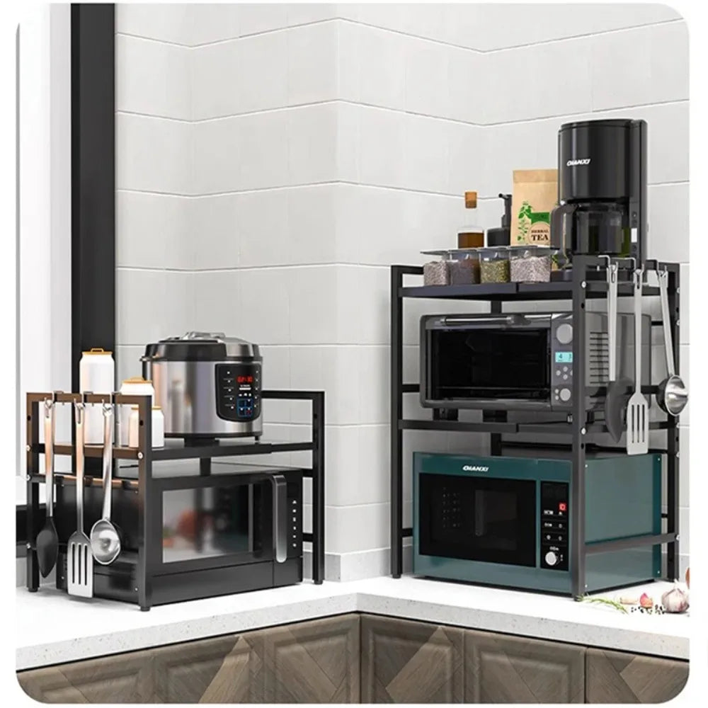 Organizador de Cozinha Retrátil e Multifunções para Micro-ondas com Suporte Ajustável em Metal.