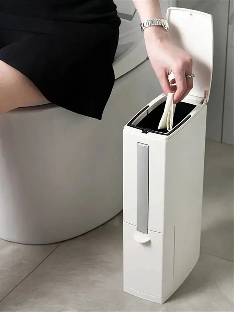Papeleira de plástico para casa de banho com escova sanitária, balde do lixo estreito, balde do lixo, utensílios de limpeza para casa de banho, cozinha e uso doméstico.