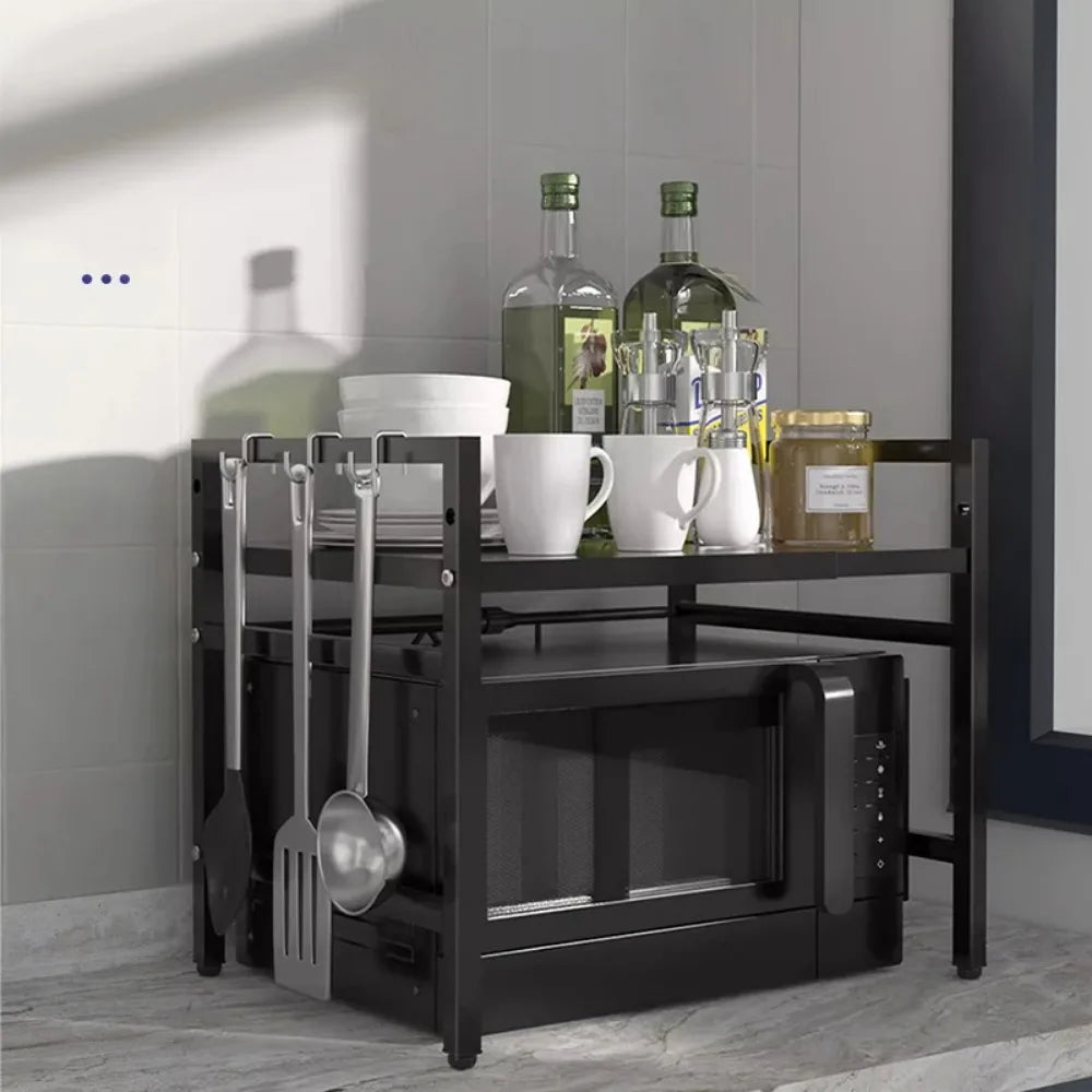 Organizador de Cozinha Retrátil e Multifunções para Micro-ondas com Suporte Ajustável em Metal.