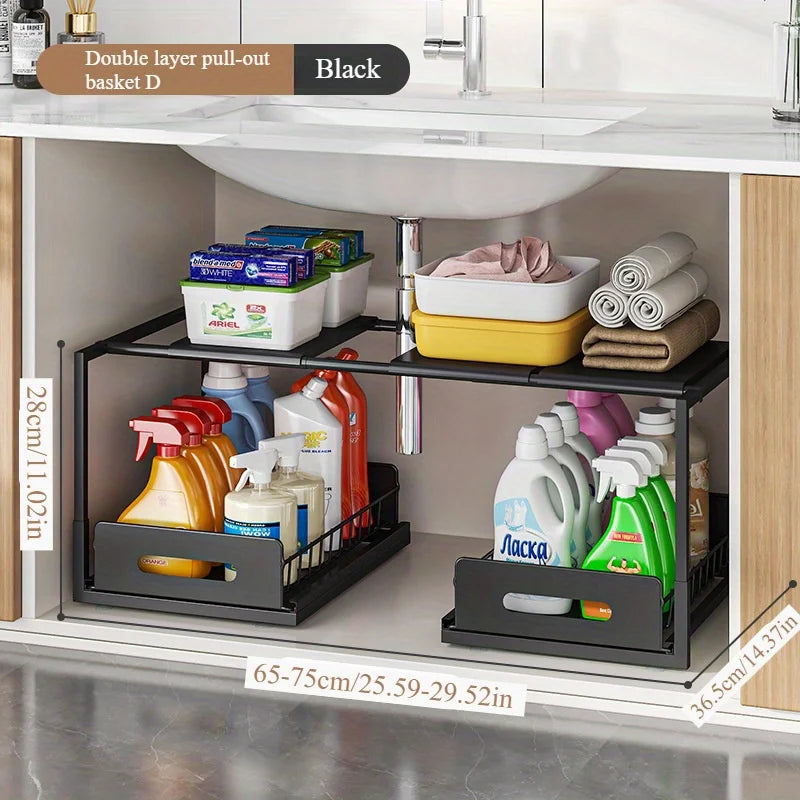 Prateleira de armazenamento de dois níveis para debaixo do lava-loiça - calha deslizante ajustável com puxador de arame, permite armazenar mais artigos e poupar espaço.