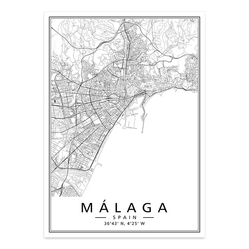 Minimalist Black & White Spain City Map Canvas