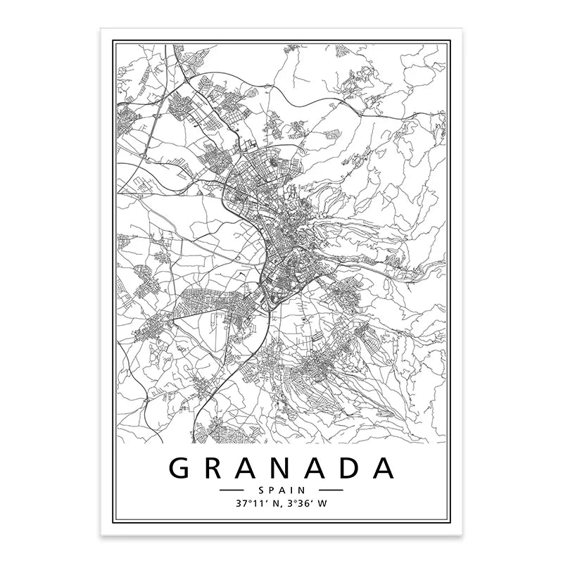 Minimalist Black & White Spain City Map Canvas