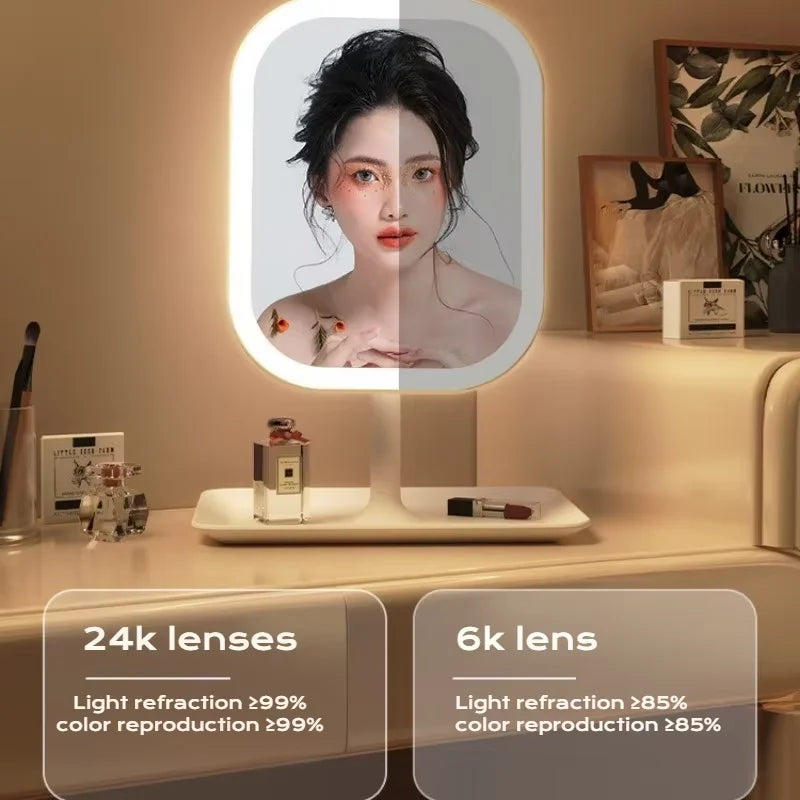 Espelho de maquilhagem inteligente com luz LED, pequeno espelho de mesa para quarto feminino, para toucador de quarto ou casa.
