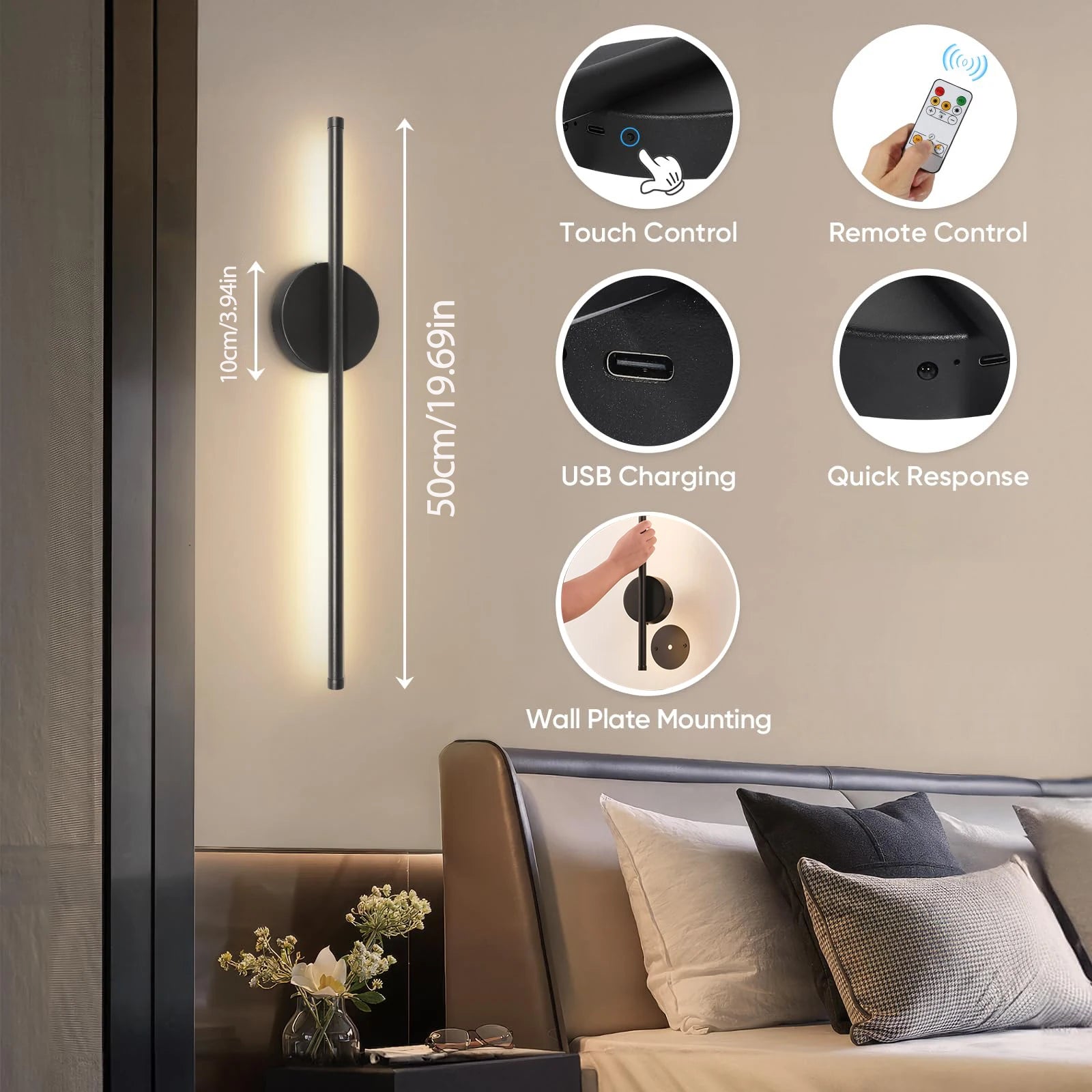 Candeeiro de parede LED recarregável, instalação gratuita, 1 unidade, 50 cm, com regulação de intensidade, ideal para sala de estar, sofá, quarto ou decoração de parede.