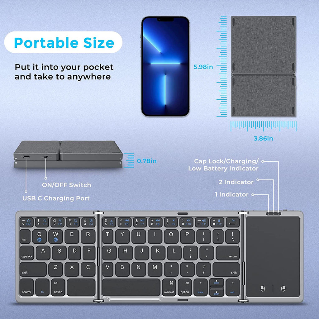 Mini teclado sem fios dobrável em 3 partes com touchpad para Windows, Android, iOS e iPad.