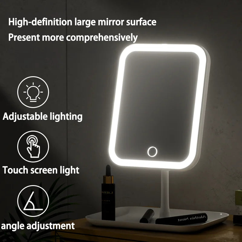 Espelho de maquilhagem inteligente com luz LED, pequeno espelho de mesa para quarto feminino, para toucador de quarto ou casa.