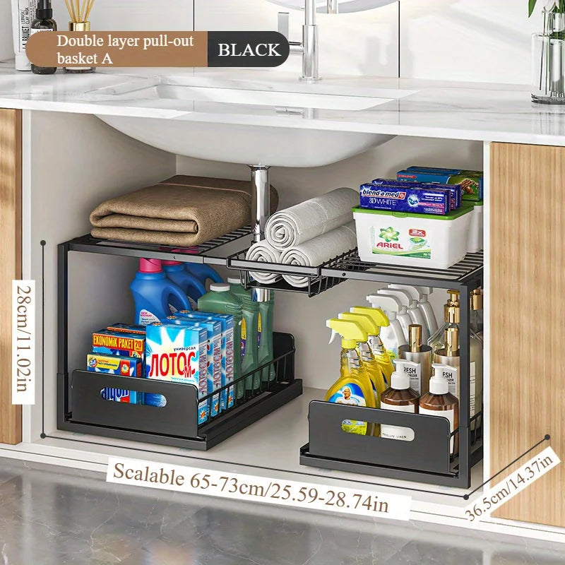 Prateleira de armazenamento de dois níveis para debaixo do lava-loiça - calha deslizante ajustável com puxador de arame, permite armazenar mais artigos e poupar espaço.